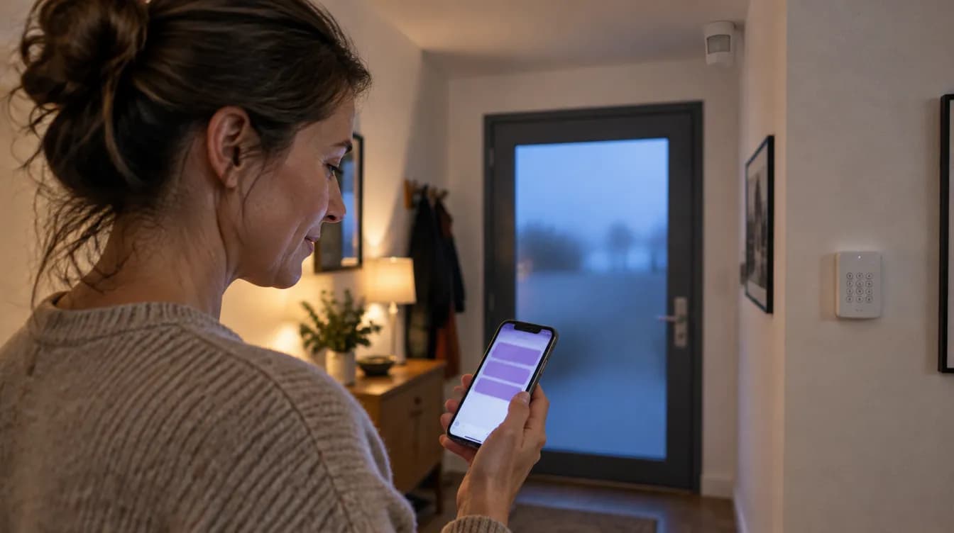 Frau im Hausflur liest auf dem Smartphone eine Chat-Antwort, an der Wand ein Alarmanlagen-Bedienteil